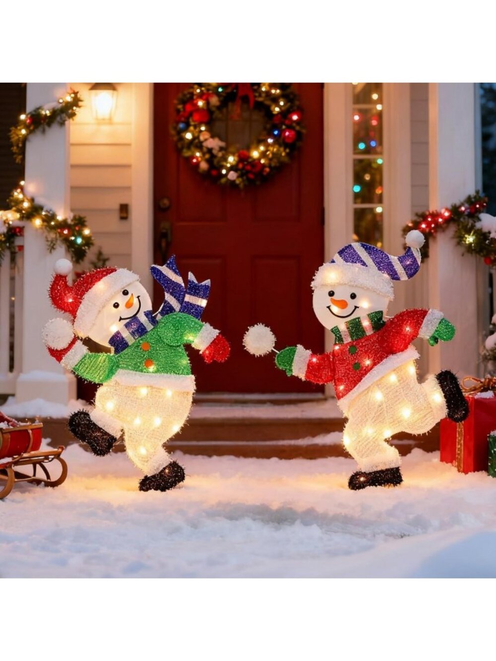Set of 2 Lighted Snowmen Christmas Decor, Pre-Lit Tinsel Holiday Yard